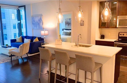 North Buckhead Apartment | Blue Luxe Balcony View Pool Modern Amenities