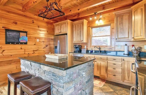 Lake Lure House | Rustic mountain-view home with deck, fire pit, hot tub, fireplace, & game room