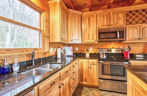 Lake Lure House | Rustic mountain-view home with deck, fire pit, hot tub, fireplace, & game room
